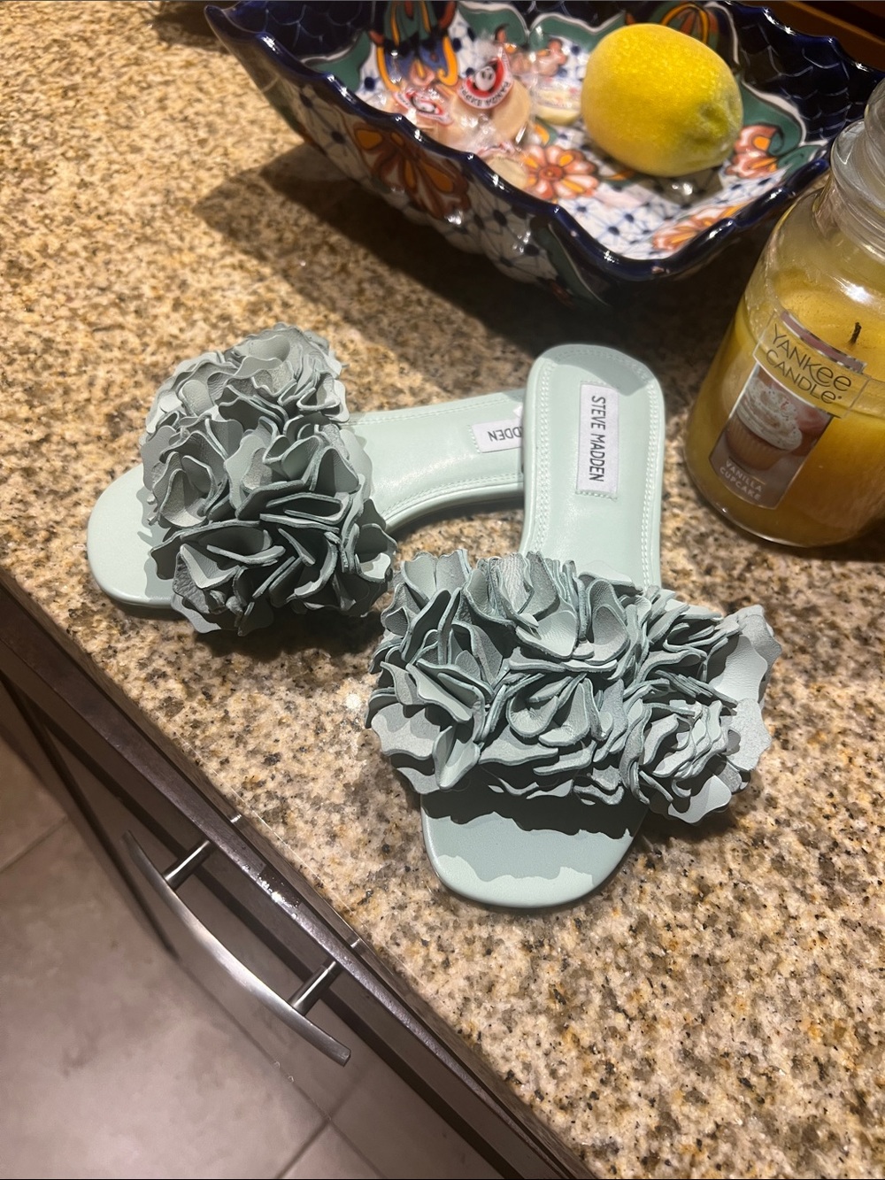 Steve Madden Women's Floral Appliqué Slide Sandals in Mint Green